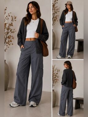 Wilo The Label Cargo Parachute Pants Size L NWT Gray Wide Leg